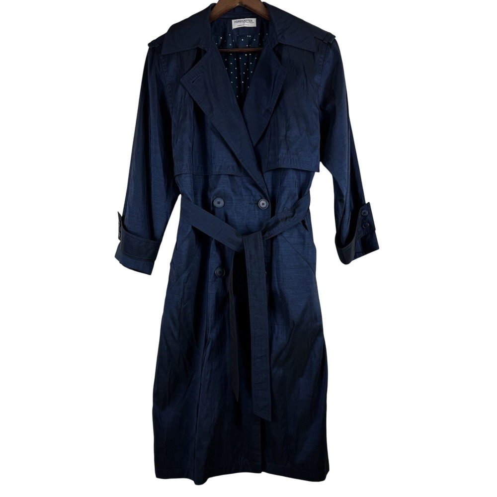 Forecaster of Boston Trench Coat Women 8‎ Petite Blue Metallic Belt Overcoat USA